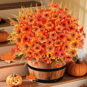 16PCS Artificial Fall Flowers for Outdoors, Realistic Faux Silk Flowers with Eucalyptus & Ferns, Fake Plants for Outside Planter, Patio, Porch, Garden Decor (Mixed)