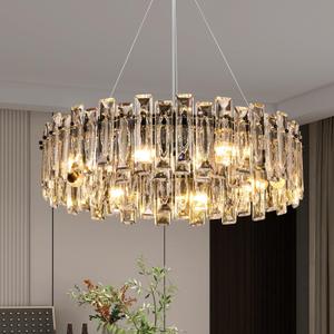 Modern Luxury Crystal Chandelier Round Pendant Light Easy Install Ceiling Hanging Light Fixture for Dining Living Room Kitchen Island Entryway Foyer