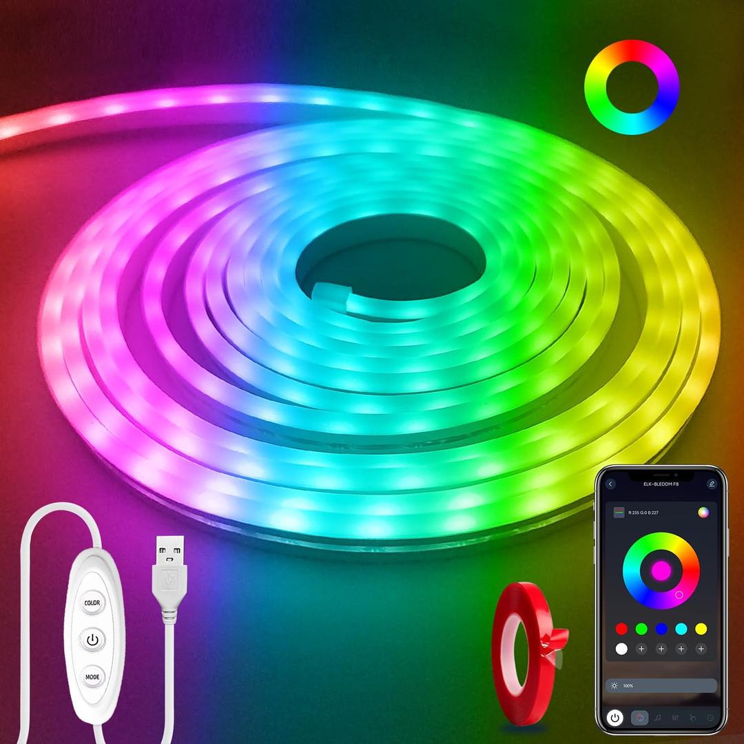Neon Rope Lights16.4ft RGB LED Strip Lights with App Control,Music Sync Flexible DIY Design,5V USB Powered Neon Lights for Bedroom,Gaming,and Party Decoration(with Adhesive Backing)