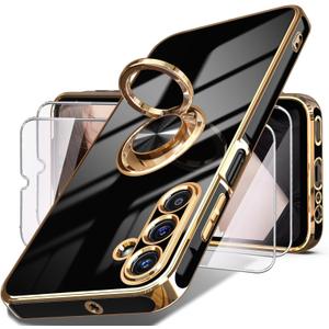 2 x Dretal for Samsung Galaxy A15 5G Case, Screen Protector, 360 Rotatable Ring Holder Magnetic Kickstand,Plated Gold Edge Slim Soft TPU Protective Phone Cover for Galaxy A15 5G (Black)