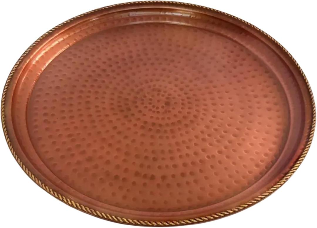 100% Pure Copper Tray with Brass Rim 14" For Serving Tea, Snacks or Wine, Hand-Hammered Brass Decor Piece for Coffee Table or Dining, Stylish Round Platter That Elevates Every Occasion