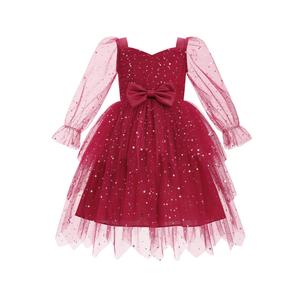 IMEKIS Pageant Dresses for Girls: 4th 5th Birthday Outfit Toddler Prom Gold Sparkly Tulle Tutu Baby Tea Party Formal Wedding Kids Sequin Christmas Fall Winter Long Sleeve Red Stars 4-5T