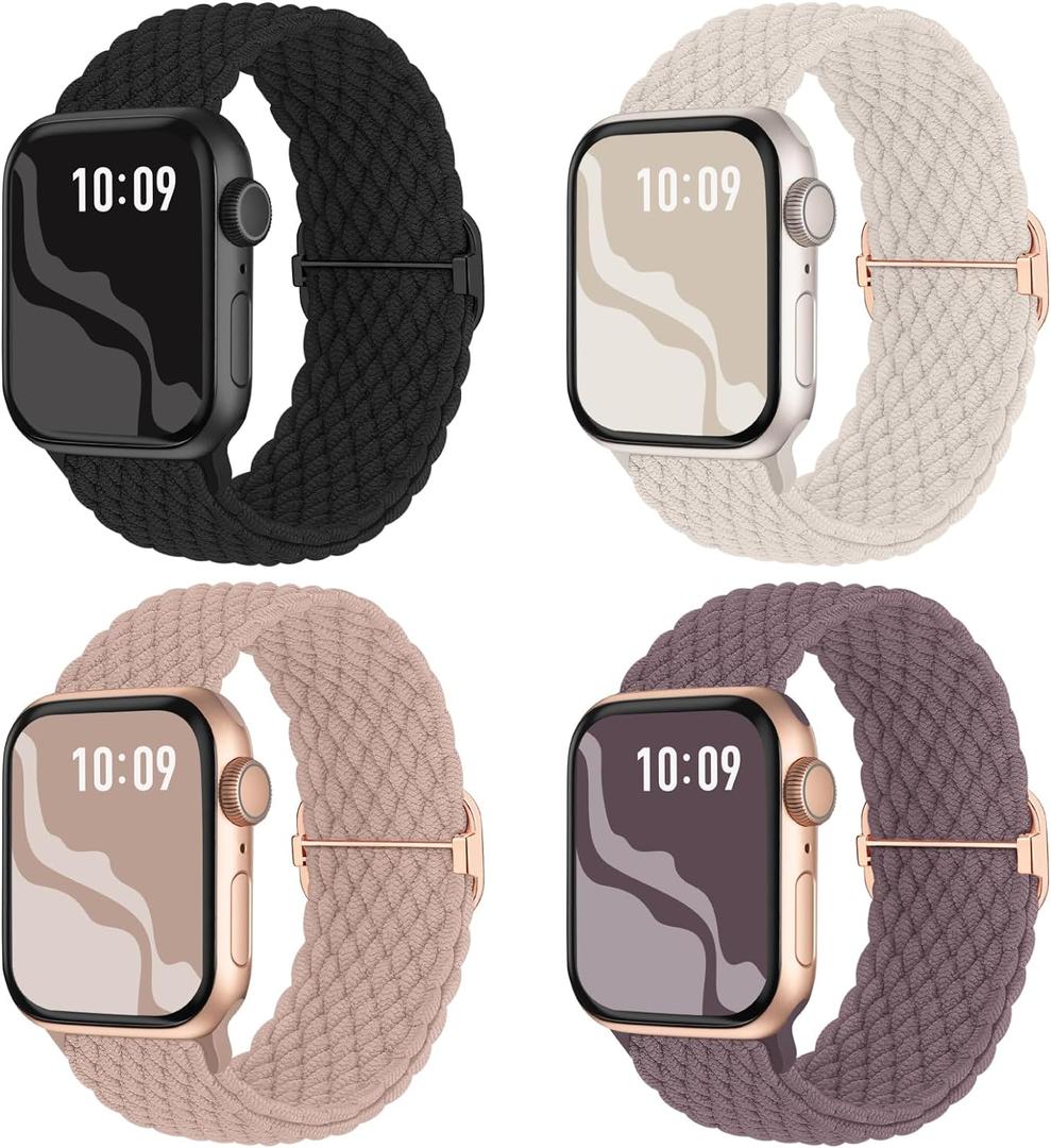 Braided Stretchy Solo Loop Compatible for Apple Watch Band 38mm 40mm 41mm 42mm 44mm 45mm 46mm 49mm for Women Men, Nylon Elastic Straps Wristbands for iWatch Series 10 9 8 7 6 SE 5 4 3 2 Ultra Ultra 2 (Black/Starlight/Nude Pink/Smoke Violet)