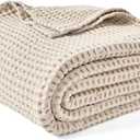 PHF 480GSM 100% Washed Cotton Waffle Weave Blanket, Cozy Breathable Skin-Friendly Throw Twin Size for All Season, Luxury Fall Layer Bedspread for Couch Bed Sofa,Elegant Home Decor,Natural,66"x90"