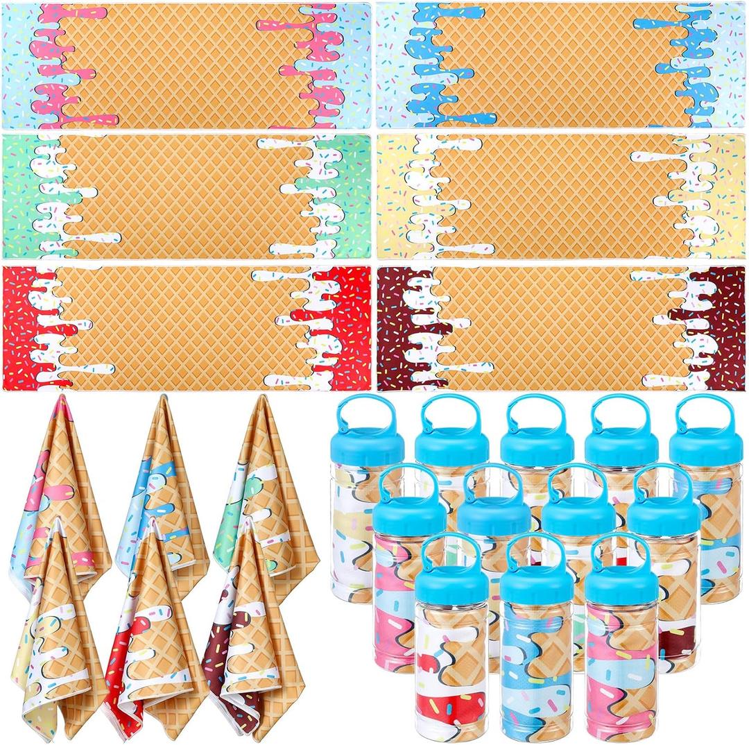 Hahafelt 12 Pack Ice Cream Drip Baseball Cooling Towels for Boys, Ice Cream Print Sports Towels with Bags, 40"x12" Breathable Chilly Towel, Colorful Summer Microfiber Towel for Sport Team Gift Beach