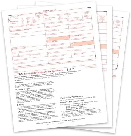 W3 Transmittal Tax Forms 2024, 10 Form W-3 Summary Laser Forms for Transmittal of Wage and Tax Statements, W-3 Forms, Compatible with QuickBooks and Accounting Software, 10 Pack