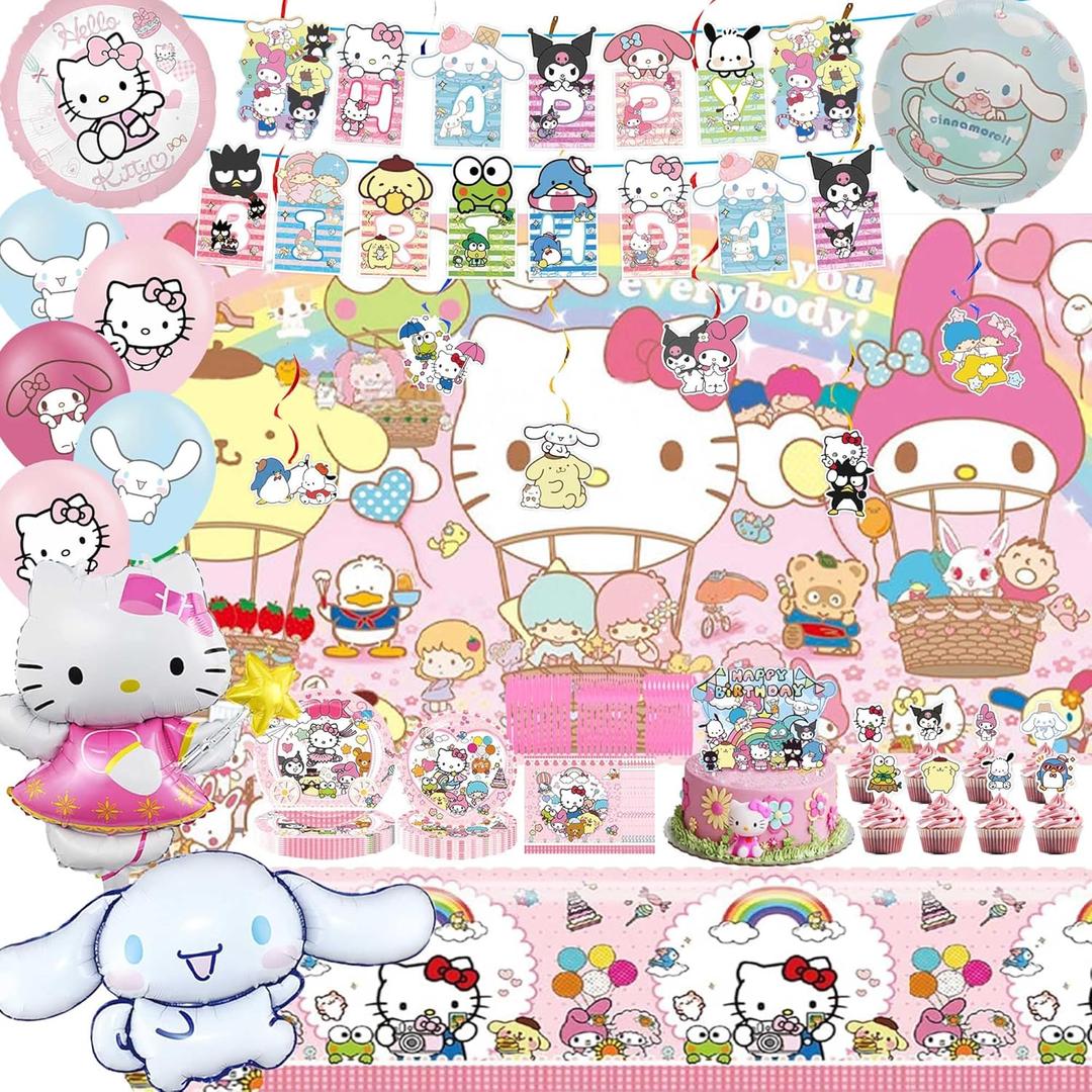 Kawaii Birthday Decorations, Cute Party Favors, Party Supplies Set Include Banner, Foil Balloons, Tablecloth, Backdrop, Cake Toppers.