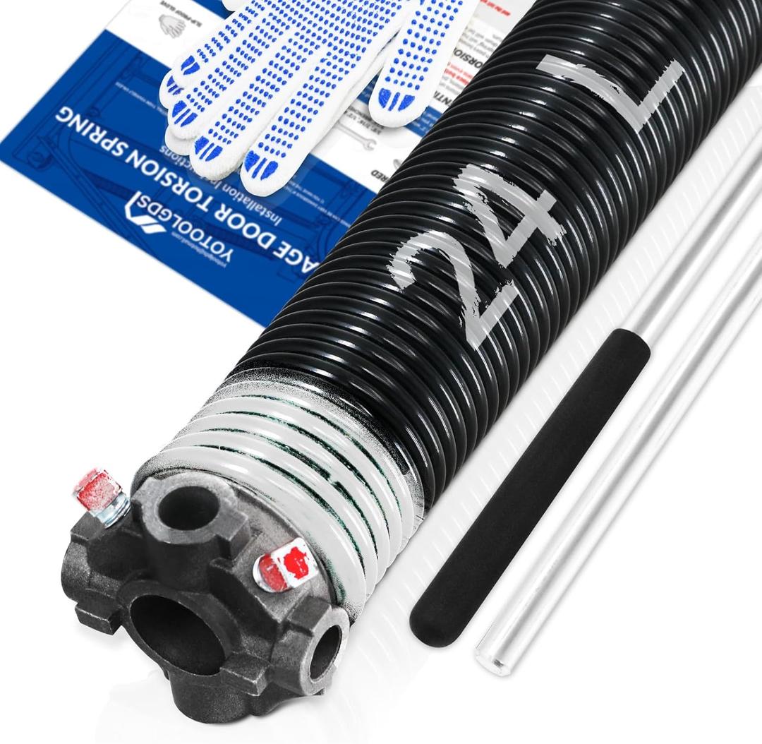 Left Hand Wind（Black Cone）2" Garage Door Torsion Spring with Non-Slip Winding Bars & Gloves, High Precision Electrophoresis Black Coated, for Replacement, MIN 16,000 Cycles (0.218x2''x24'')