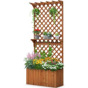 Quictent Raised Garden Bed Wood Planter Box with Lattice Trellis for Vine Climbing Plants Flower Free-Standing, for Patio Garden Indoor Outdoor 36.42X29.53X3.23 inch