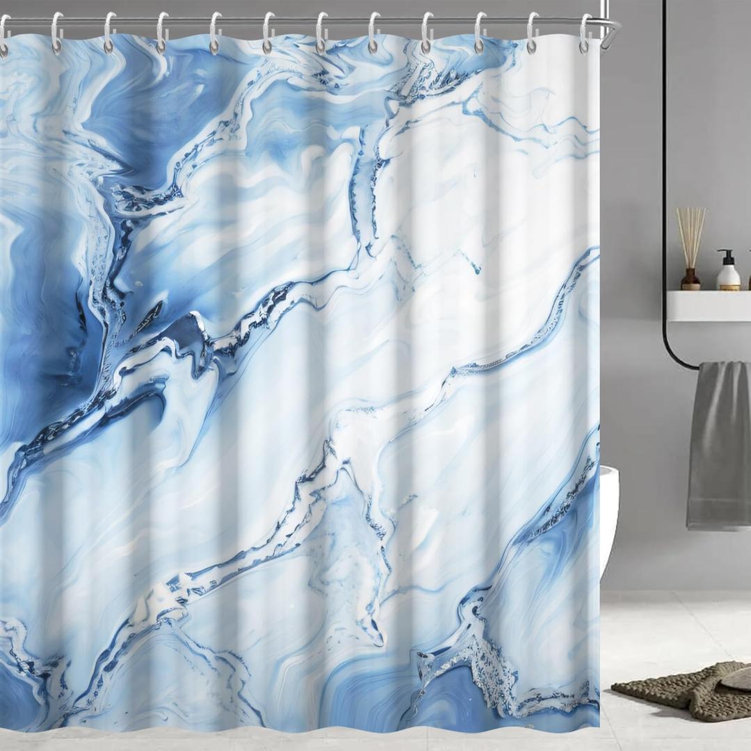 Blue Shower Curtain, Ombre Blue Marble Shower Curtain for Bathroom Modern Aesthetic Waterproof Shower Curtain Set with Hooks, 72x72 Inch