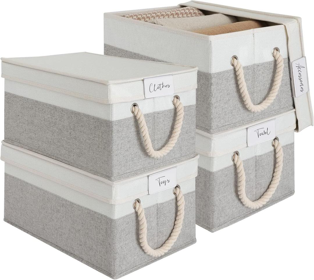 LoforHoney Home Fabric Storage Bins with Lids for Organizing, Foldable Closet Storage Boxes for Shelves, Clothes Baskets with Cotton Rope Handles, Large, Beige & Gray, 4-Pack