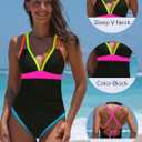 popvil Women's One Piece 2025 Tummy Control Swimsuits Neon Color Block Swimwear Deep V Neck Slimming Bathing Suit (Black, XL)