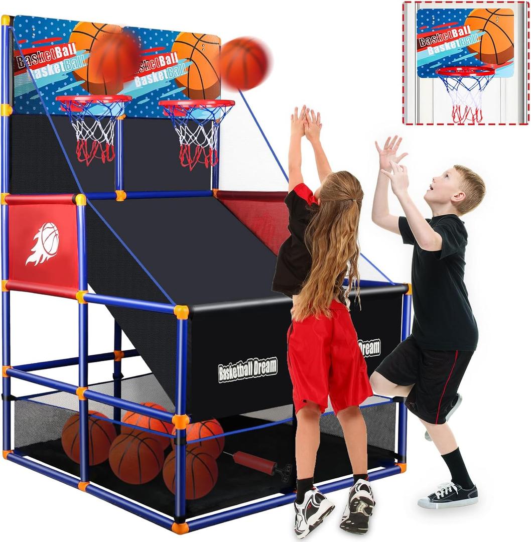 Arcade Basketball Game Set for Kids, Boy Toys Basketball Hoop with 4-5 Balls for 3-12 Years Old, Adjustable Height w/Pump & Storage Net for Kids Indoor Outdoor Sports Play, Christmas Birthday Gifts