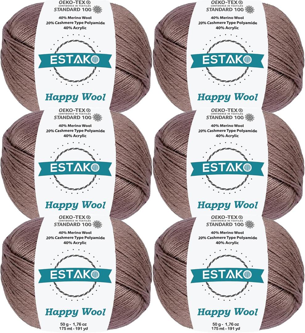 Estako Happy Wool (5 Skeins Pack) 40% Merino Wool 20% Cashmere Type Polyamide 40% Acyrlic Fingering Weight Soft Knitting and Crochet Yarn (6 x 1.76 oz) (6 x 191 yds) (Milky Brown)