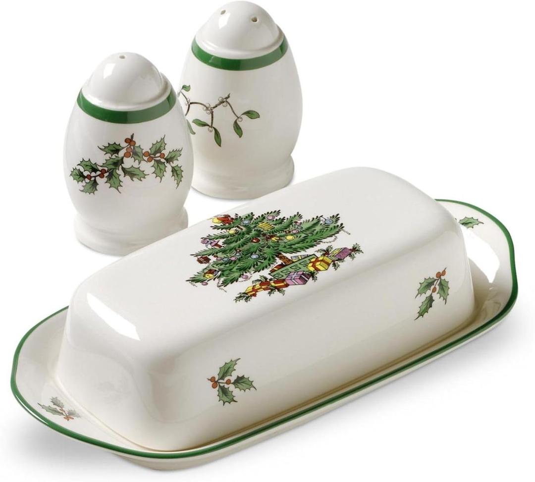 Spode Christmas Tree 3-Piece Hostess Set  Butter Dish with Lid, Salt Shaker & Pepper Shaker  Festive Earthenware for Christmas & Holiday Entertaining  Dishwasher Safe Gift Set