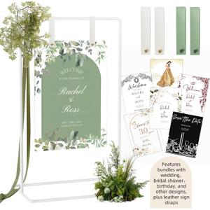Wedding Sign Holder, Adjustable Welcome to Our Wedding Sign Stand W/Design Bundle & Leather Sign Hanging Straps, Heavy Duty Easel Stand for Sign, Wedding Seating Chart Stand, Easel for Display (White)