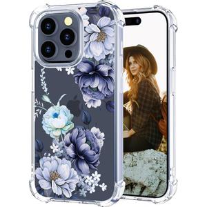 Hungo Compatible for iPhone 15 Pro Max Case for Women Floral Flower Clear Design Cute,Girly Girls Flower Promax Rose Blue