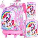 Rolling Backpack for Girls, 3PCS Wheeled School Bag with Lunch Bag for Kids, water resistance Roller Wheels Bookbag - Unicorn Pink