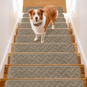 Non-Slip Stair Treads Carpet for Wooden Steps, 8" X 30" Indoor Self-Adhesive Stair Treads Mat, Comes with Beautiful Patterns, Anti Slip Stair Rugs for Kids Elders and Dogs 15PCS(Mocha) (Z-striped Mocha)