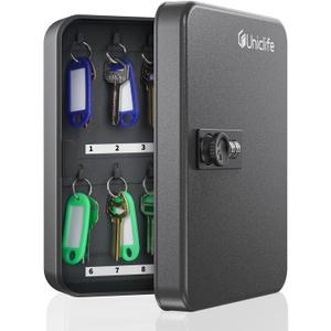 Uniclife 20 Position Key Cabinet with Combination Lock Resettable Black Digital Security Storage Box Steel Key Organizer with Colorful Key Tag Labels Stickers and Hooks