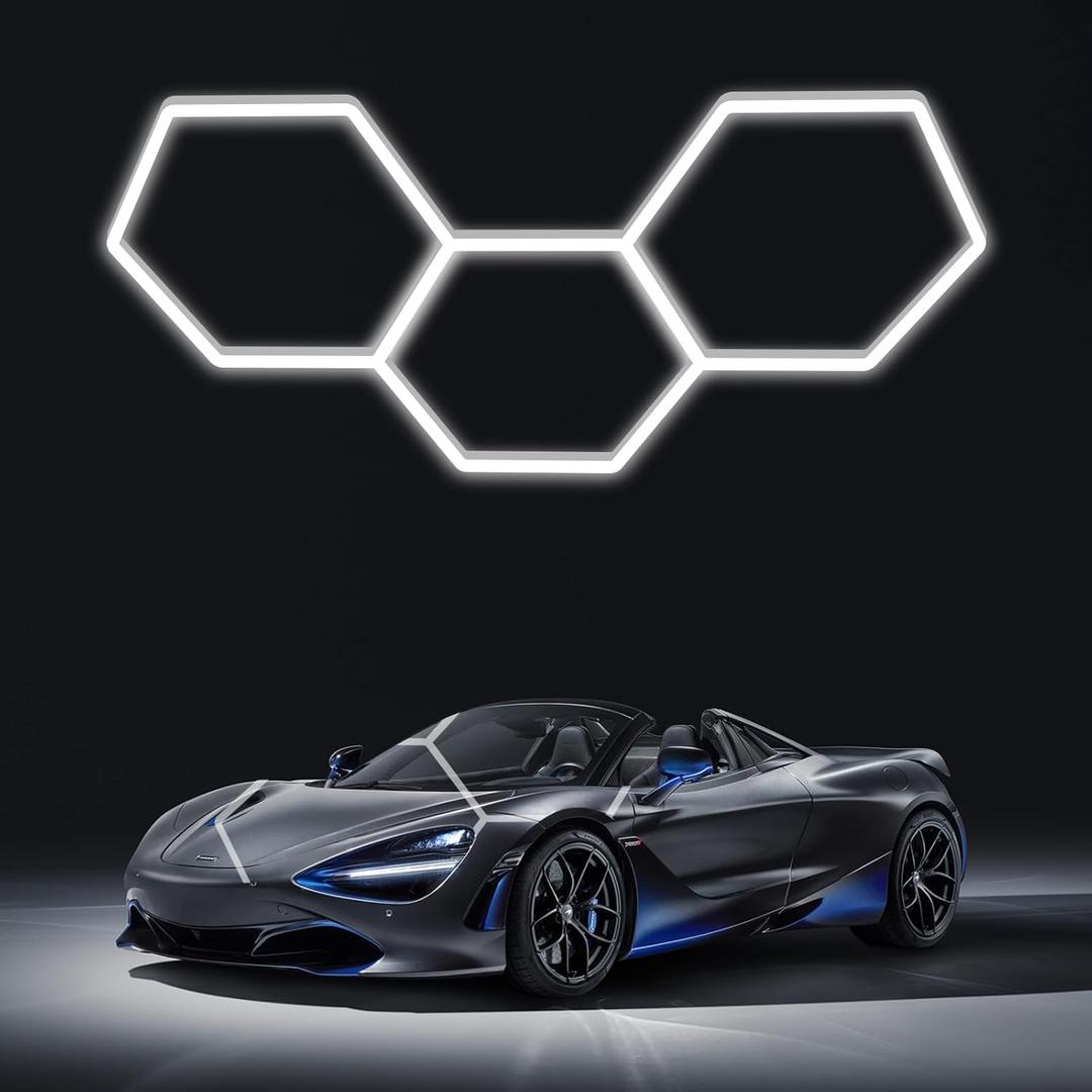 LZHOME LED Hexagon Garage Lights: 15900LM Super Bright 3 Hexagon LED Lights Car Detailing Hexagonal Light for Garage Workshop Warehouse Basement Gym (White)