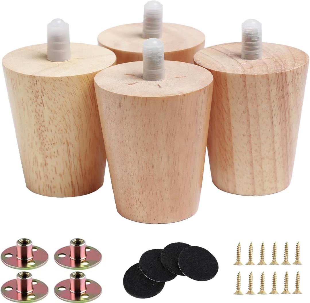 3" Round Solid Wood Furniture Leg Set of 4 Mid-Century Modern Sofa Couch Bed Coffee Chair Desk Straight Feet Legs with Pre-Drilled 5/16M8 Inch Bolt& Screws& Rubber Pads