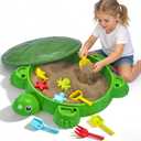 Turtle Sandbox with Lid & Beach Toys Set, 38" Kids Sandbox for Toddlers 3-8, Indoor Outdoor Sensory Play Sand Box with Cover, Summer Gift for Ages 3-8
