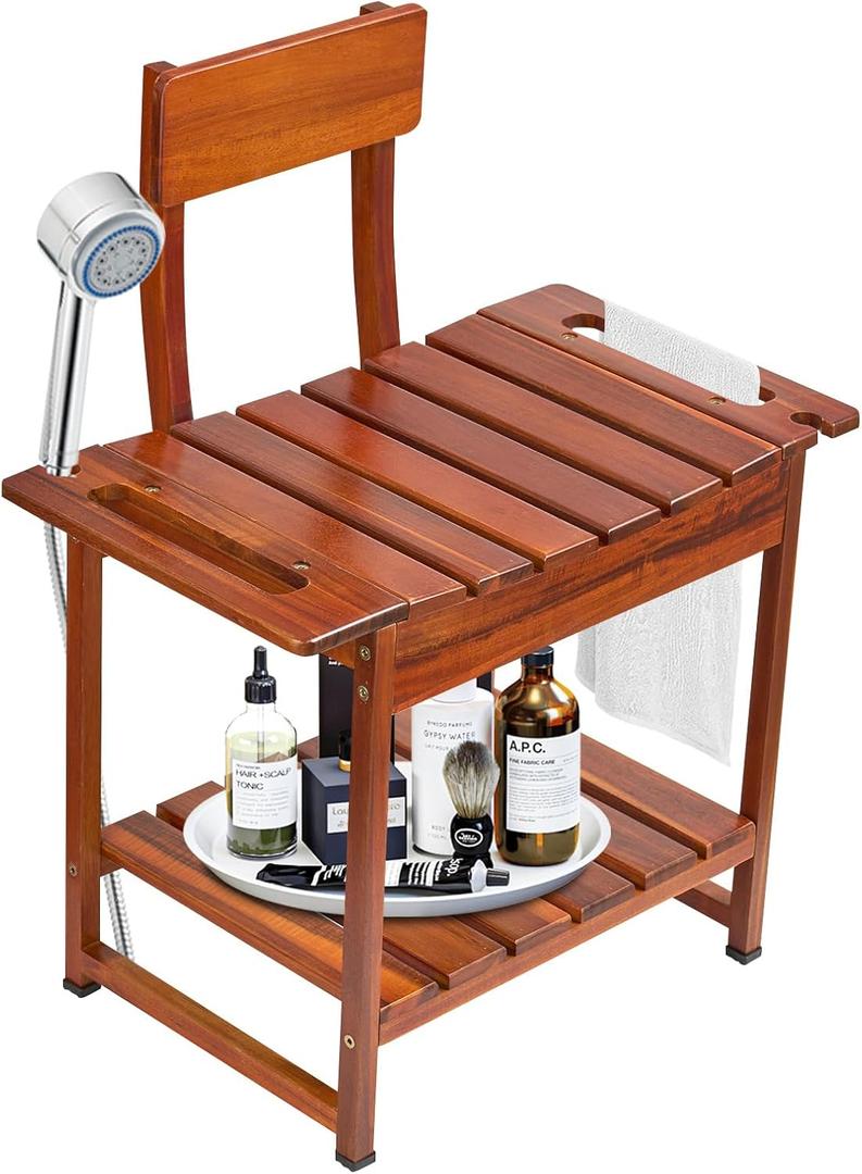 Shower Chair with Backrest,Bath Chair for Inside Shower or Tub,Heavy Duty Design with Buit-in Handles, Non Slip Feet, Lower Shelf Storage for Elderly or Senior Supports Up to 450 lbs