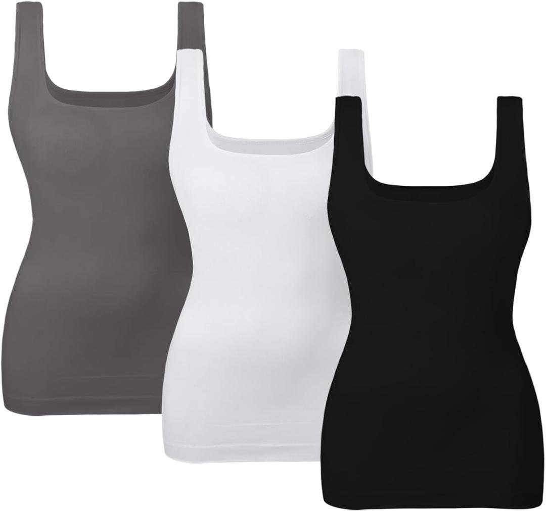 EUYZOU Women's Tummy Control Shapewear Tank Tops Seamless Square Neck Compression Tops Slimming Body Shaper Camisole (Large, Black/White/Grey 3pk)