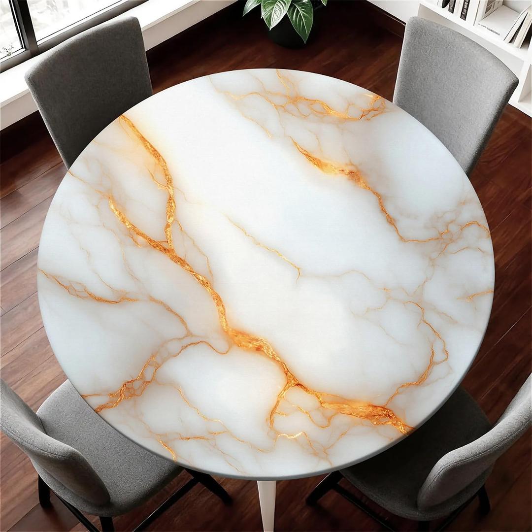 Yesad Elastic Tablecloth for Round Tables, Waterproof Tablecover for Up to 53"-60" Round Table, Dining Tablecover for Indoor and Outdoor, Holiday, White and Golden Marble
