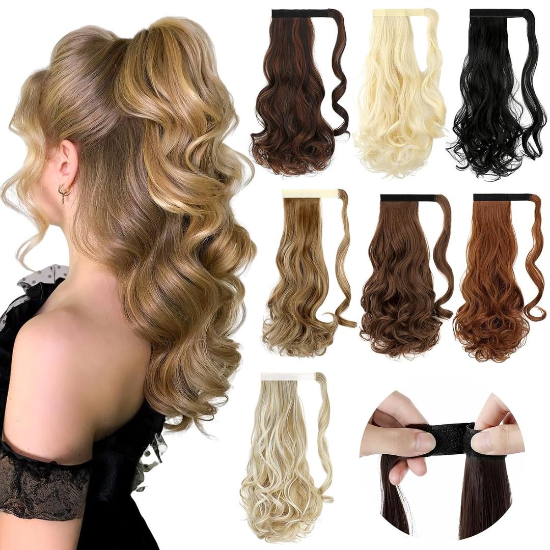 FELENDY 18" Ponytail Extension Curly Wavy Clip in Hairpiece Wrap Around Long Pony Tails Hair Extensions Synthetic for Women Natural Black