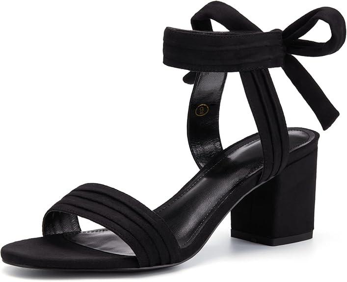 Coutgo Womens Open Toe Ankle Tie Back Low Block Chunky Heels Sandals Party Dress Pumps Shoes Size 9,Blacl