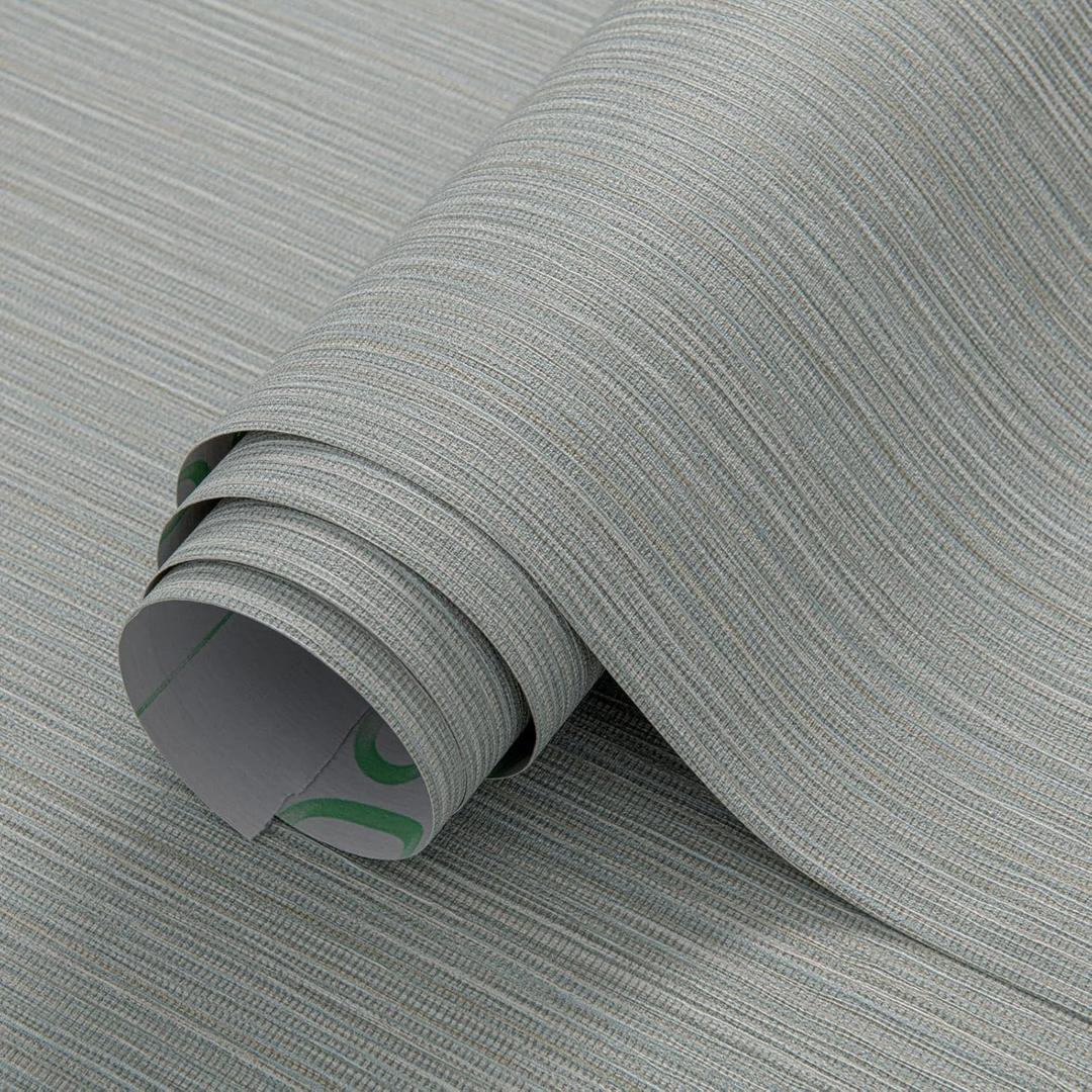 24"x394" Misty Blue Grasscloth Wallpaper Peel and Stick Faux Linen Textured Upgraded Thick Self-Adhesive Waterproof Neutral Contact Paper Seamless Vinyl Embossed Wallpaper