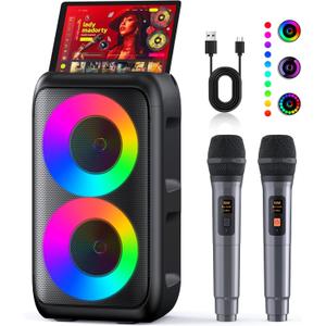 Karaoke Machine, Portable Bluetooth Speaker, PA Speaker with 2 Wireless Karaoke Microphones, Karaoke Machine for Adults Kids with Upgraded Subwoofer, Support TWS/TF/USB/AUX for Home Party Outdoor (Black)