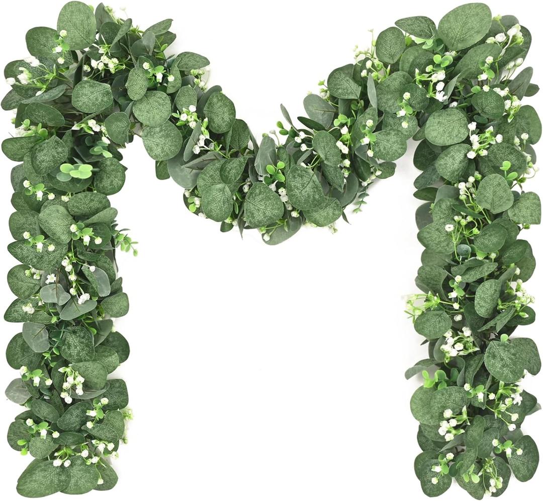 Artflower 8 Pack Artificial Eucalyptus Garland with Flowers, 5.9ft/pcs Faux Silver Dollar Eucalyptus Greenery Garland Vines for Table Wedding Backdrop Arch Wall Party Mantle Festival Decor