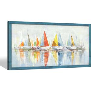 Coastal Wooden Framed Wall Art: Abstract Ocean SailBoat Picture Seascape Print Beach Painting Nautical Artwork for Living Room 48"x24"