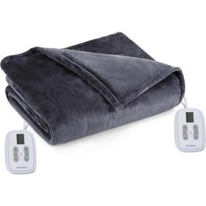 Brookstone Electric Heated Plush Blanket w/ 10 Heat Settings - Adjustable Timer, 12-Hour Auto Shut Off - Machine Washable & Dryer Safe - Polyester Velvet Blanket, Full Size 77in x 84in - Charcoal