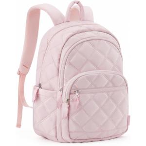 BAGSMART Travel Laptop Backpack, College Backpack for Women, Quilted Small Computer Bookbag, Water-Resistant 15.6 Inch Laptop Casual Bag, Pink