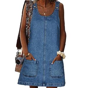 BZB Women's Sleeveless Casual Denim Dress Crewneck Vintage Loose Jean Overall Dress with Pockets Size S