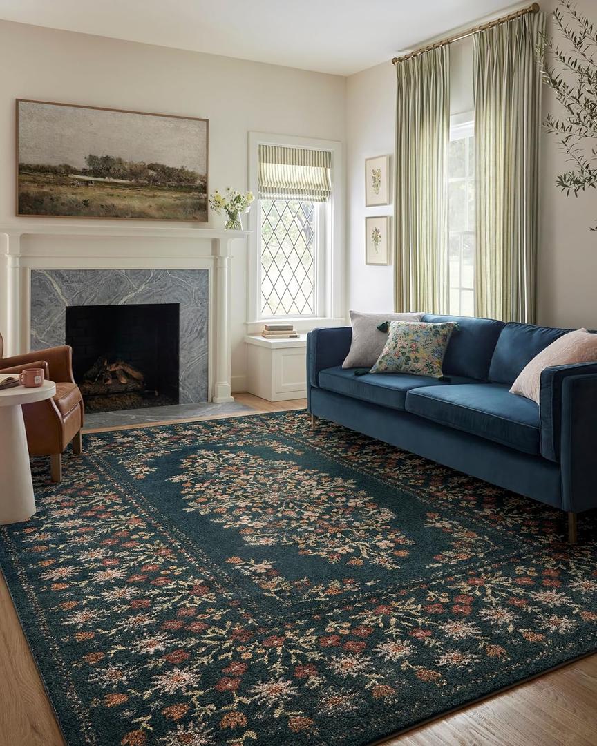 Loloi Rifle Paper Co. Laurel Collection LAU-02 Navy 5'-3" x 7'-8" Area Rug