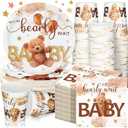 Hushee 200 Pcs Brown Bear Baby Shower Paper Plates Napkins Cups Baby Shower Party Supplies Tableware Set Brown Bear Disposable Cup Napkin for 50 Guest Spring Party Decoration