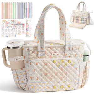 Large Bible Bag for Women Bible Cover Case, Quilted Puffer Bible Tote Bag Church Bag w/Shoulder Strap, Bible Study Supplies Journaling Kit Accessories Tabs, Mothers Day Christian Gifts for Women Mom, Spliced Flower 13.4"L x 5.5"W