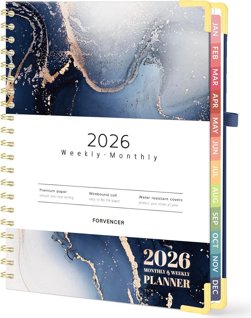 Forvencer 2026 Planner, Hardcover Calendar Planner Weekly and Monthly, Jan 2026 - Dec 2026, 8.5" x 11", Spiral Agenda Book with Tabs, Exquisite Daily Journal Organizer for Home School, Navy Marble