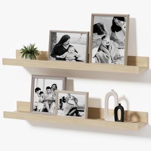 16inch Floating Picture Ledge Shelves 2-Pack, Oak Wall Mounted Shelves with Lip for Nursery, Kids Room, Living Room & Bedroom, Sturdy Floating Book Shelves for Photo Frames & Decor
