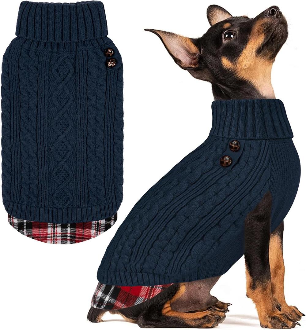KYEESE Dog Sweater Small Dogs Sweater Stretchy Knitwear Cat Clothes Soft Pullover Warm Turtleneck Dog Sweaters for Small Dogs Male with Gingham Patchwork Thick Pet Coat for Fall Winter Cold Weather (4# Navyblue, Small)