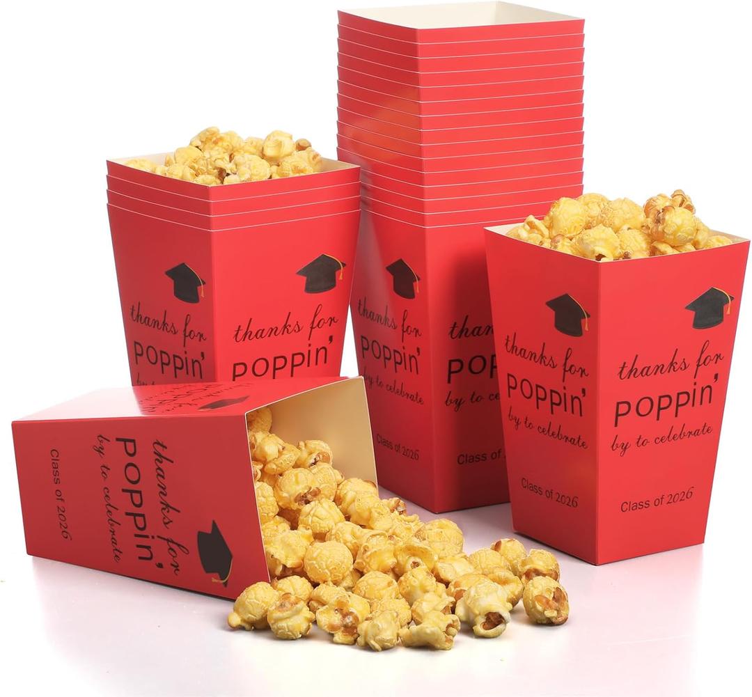Fullhawl 50 Pcs Class of 2026 Graduation Party Popcorn Boxes 6 in Paper Containers Popcorn Boxes Graduation Treat Cookie Snack Bags for Party Favors (Red)
