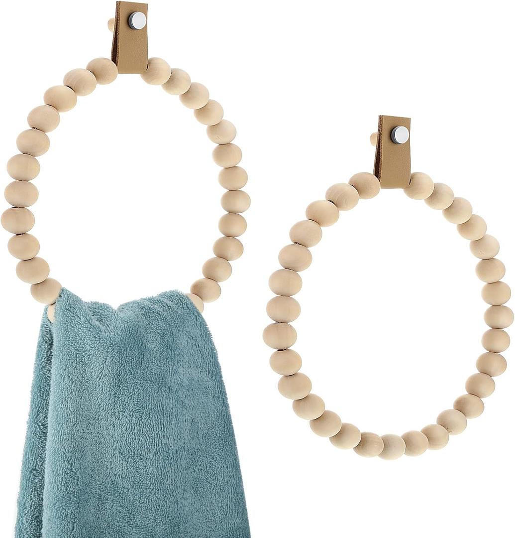 2 Pcs Handmade Boho Towel Ring Rustic Wooden Bead Hand Towel Rack Stand Holder Wall Mounted Boho Bathroom Accessories Rustic Bath Farmhouse Decor for Kitchen Bathroom Wall, 7. 5 Inch