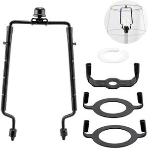 Mornajina 7 8 9 10 inch Lamp Shade Harp Holder, Adjustable Lamp Harps and Finals, Fit both Standard Lamp Rod and E26 E27 Light Base UNO Fitter Adapter Converter Finial Set (Black)