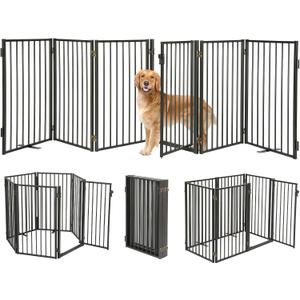 Metal Freestanding Dog Gates with Door for Outdoor Indoor,120'' Extra Wide 24'' Tall Free Standing Dog Gate for Doorways, Large Openings, Deck, Yard, Porch, Foldable Safety Pet Fence (Black, 6 Panels)