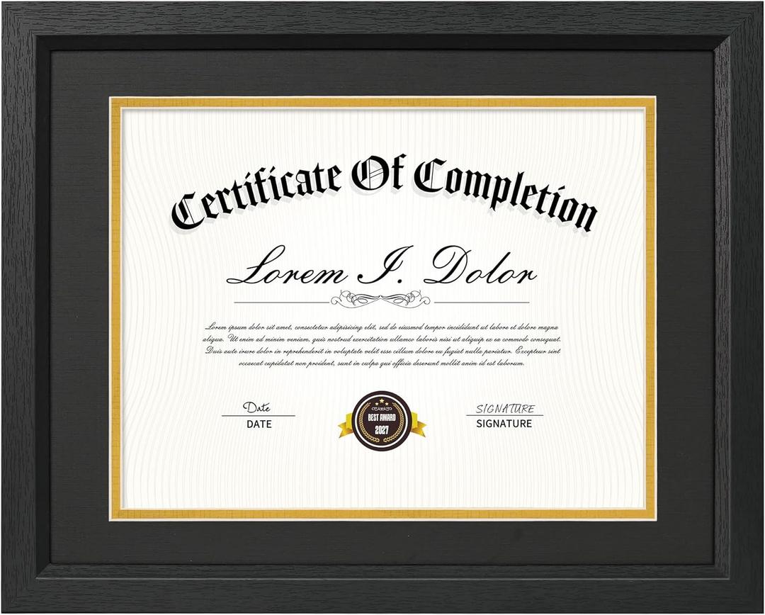 8.5x11 Diploma Frame with Black Gold Double Mats, 11x14 Picture Frame Matted for 8.5 by 11 Document, Wall & Tabletop Display Certificate Frame with Tempered Real Glass, Black